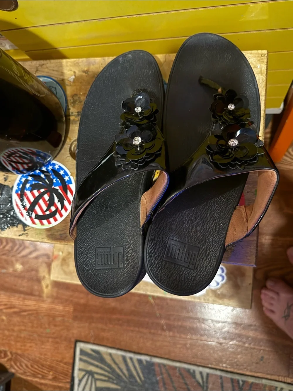 FitFlop Black Floral Toe-Post Sandal with Rhinestone Detail